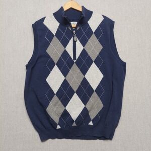 Walter Hagen Sweater Vest‎ Men L 1/4 Zip Argyle Knit Blue Golf Preppy Classic